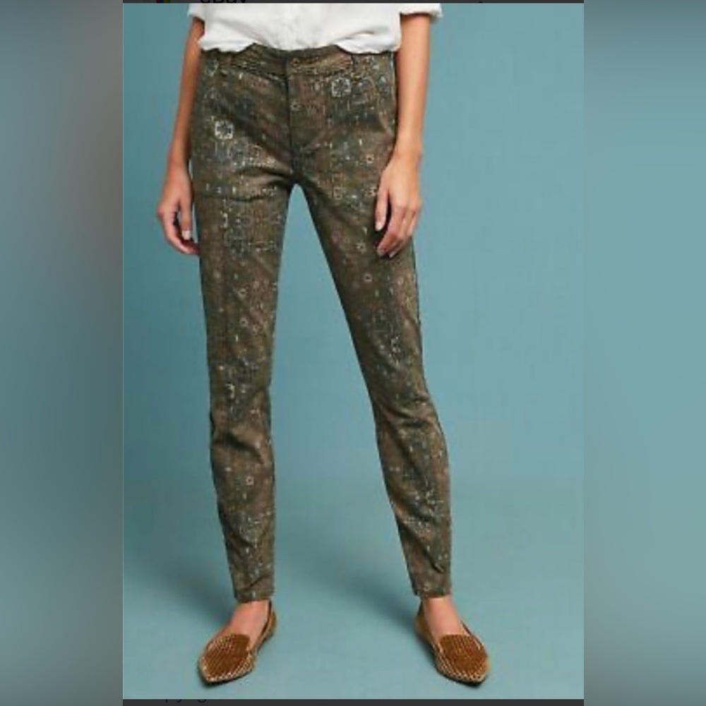Anthropologie Denim Pants Womens Sz-30 Green Cadet Slim Utility Floral High Rise
